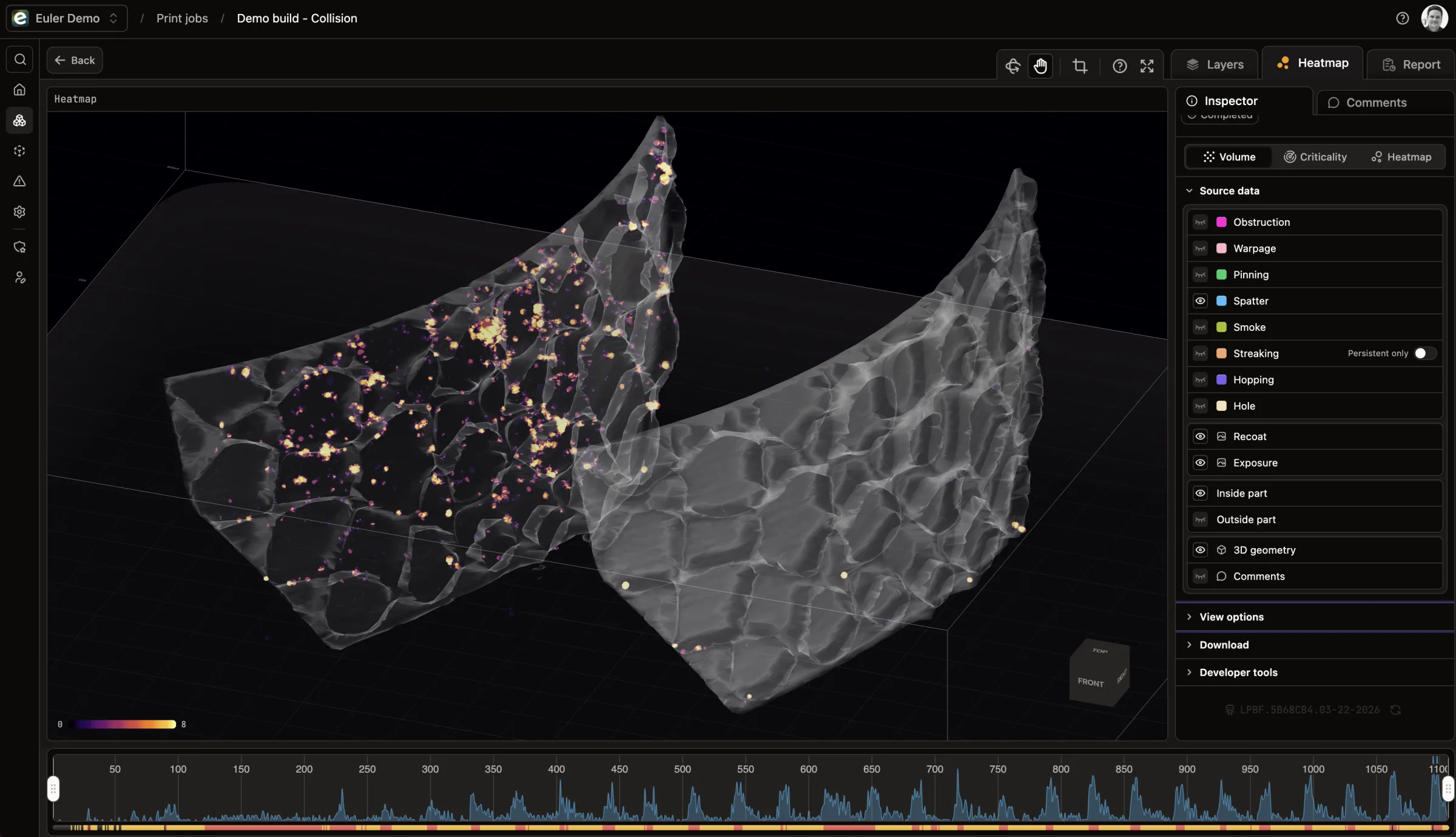 Euler's 3D heatmap viewer mapping spatter and holes onto the part geometry of a demo build